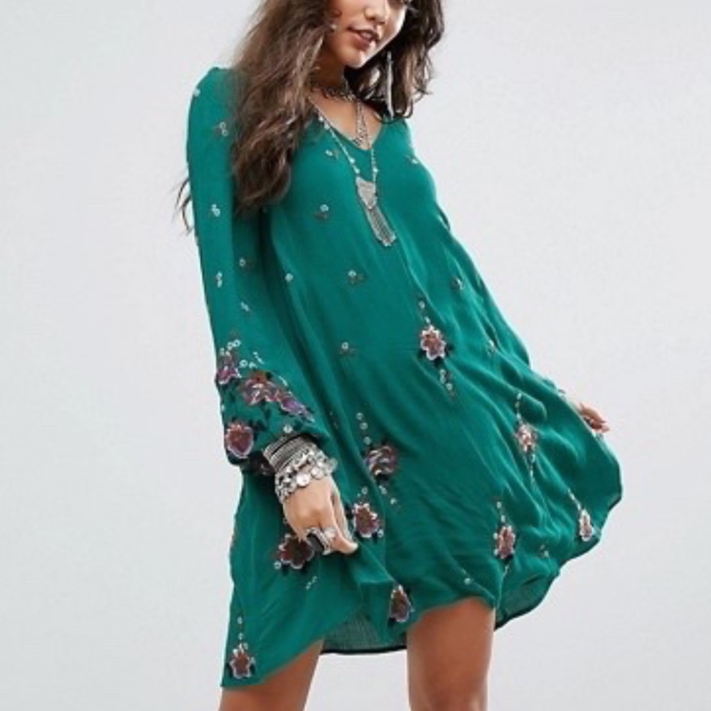 Free People Oxford Green Floral  Embroidered Long Sleeve Boho Swing Mini Dress S
